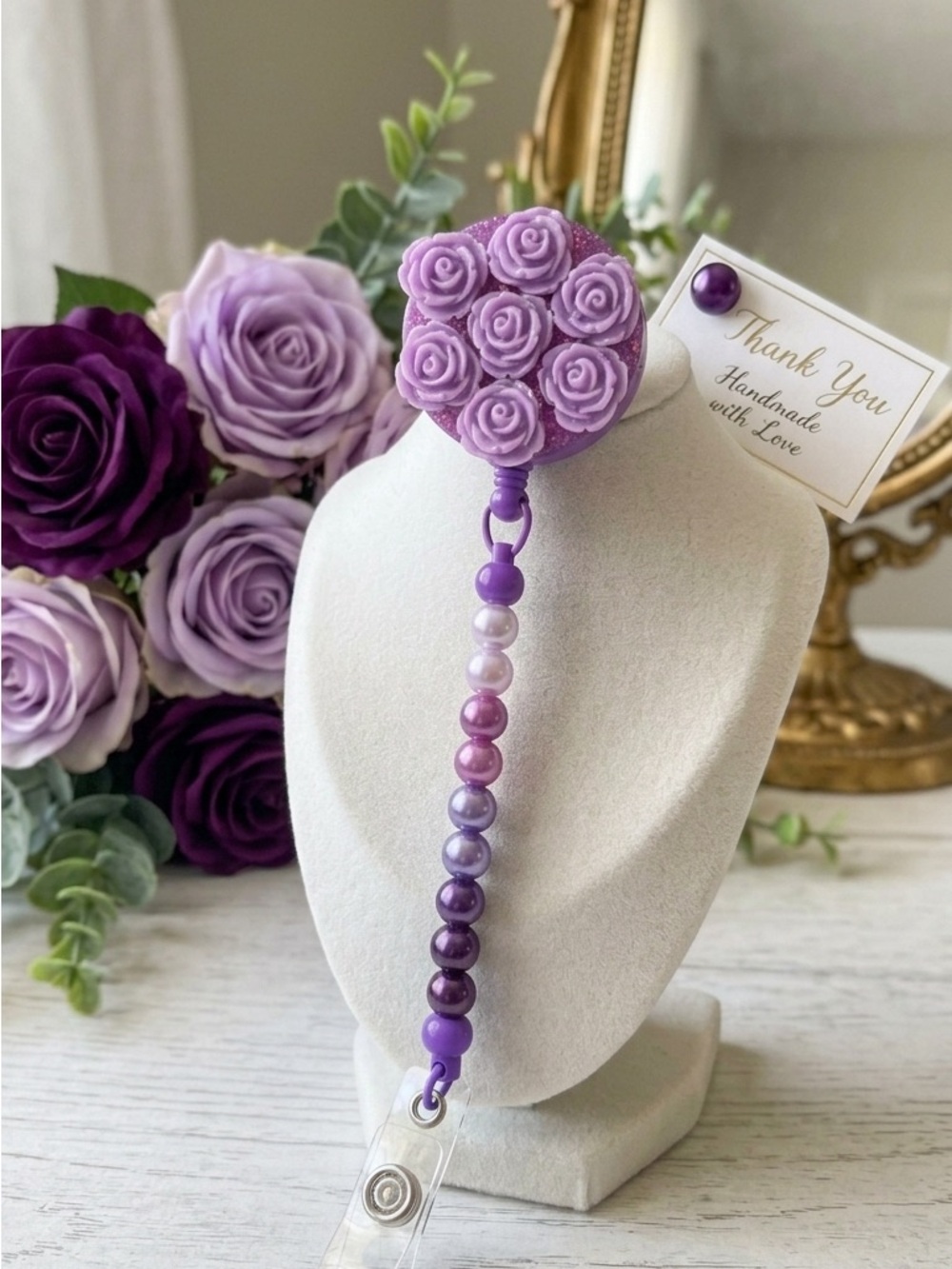 Handmade Purple Floral Beaded Badge Reel Key & Card Holder